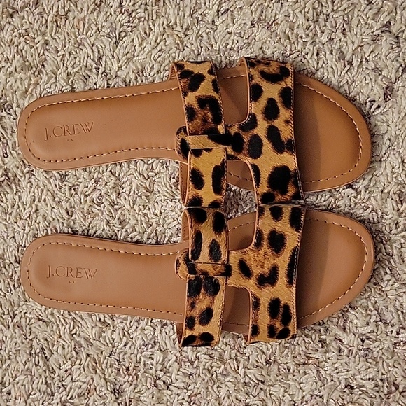 J Crew Women's Calf Hair Leopard Beachside Slides Sandals Size 9M - Picture 1 of 4